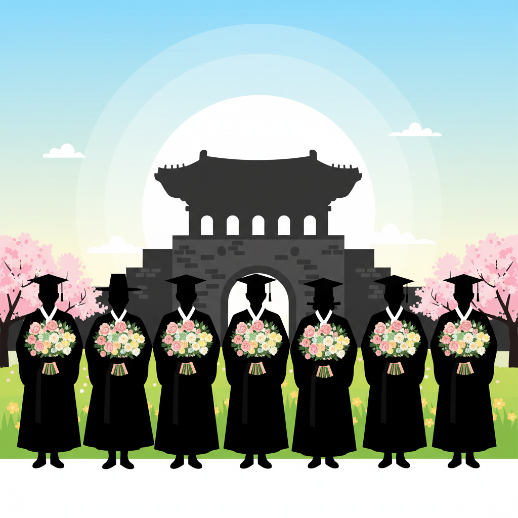 Group of university students in silhouette wearing traditional Korean hanbok, holding bouquets of flowers, with historic Korea University gate in background