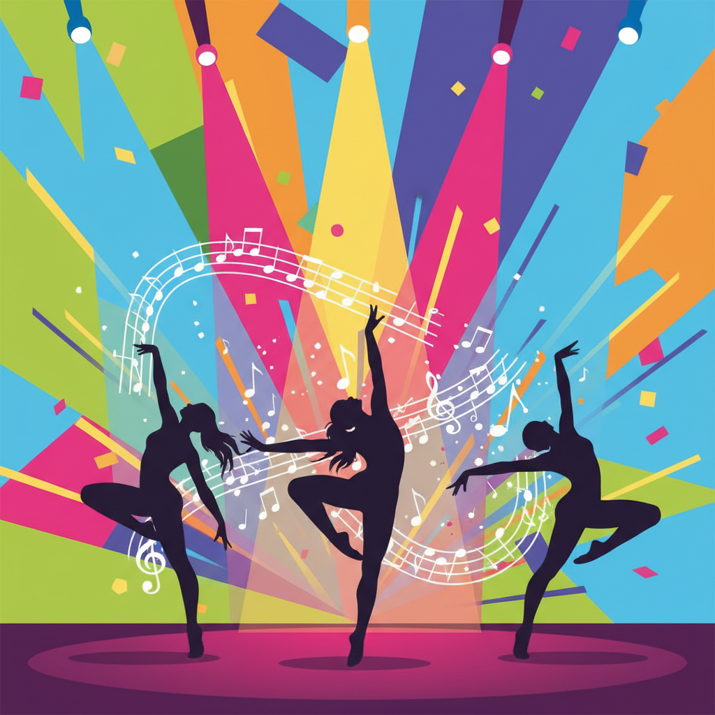 Silhouette of a dynamic dance performance on a university stage with spotlights, musical notes, and abstract background