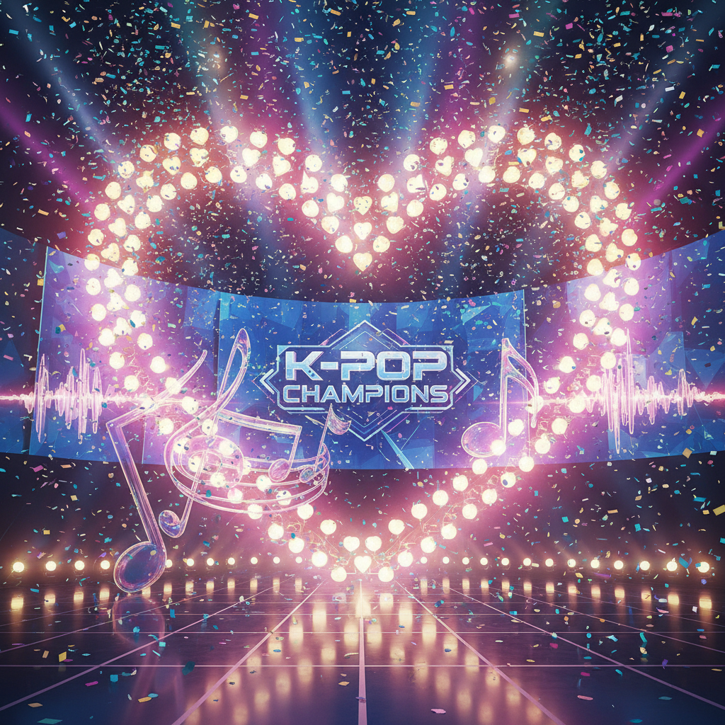 K-pop celebration stage with heart-shaped spotlights