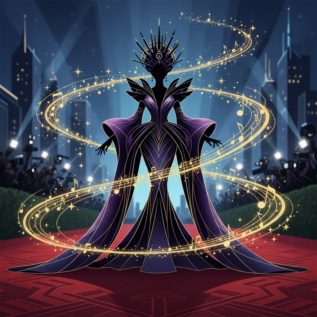 A stylized illustration of a Met Gala red carpet with a silhouette of a figure in an avant-garde outfit, representing Lisa's fashion influence, with musical notes and stars