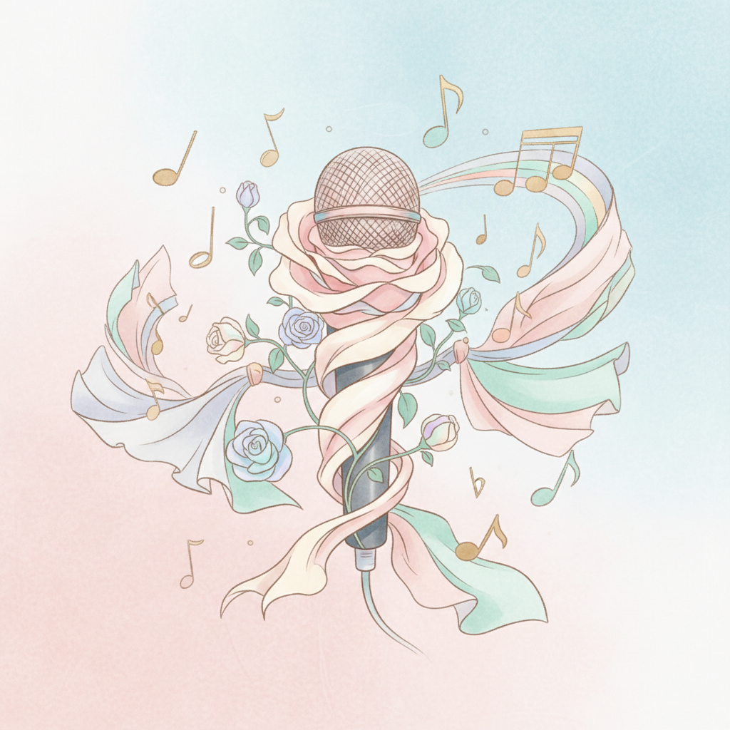 An abstract illustration of a microphone wrapped with a rose and musical notes, representing Lisa's fashion and music influence