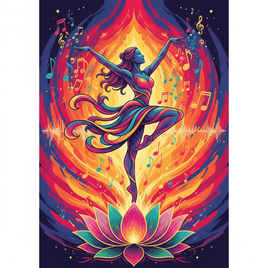 A symbolic silhouette of a dancer in a dynamic pose, representing Lisa, with musical notes and a lotus flower