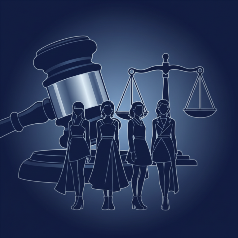 Silhouette of four K-pop idols with gavel and scales of justice