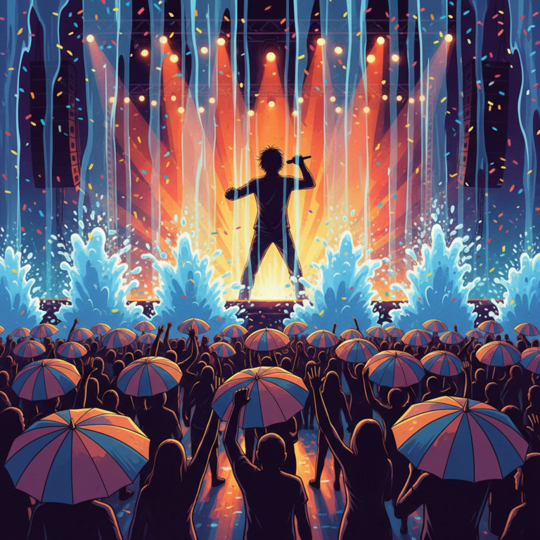 Vibrant summer concert silhouette: performer on stage with water cannons spraying, colorful lights, energetic crowd with umbrellas, illustration style, vibrant colors, no facial details