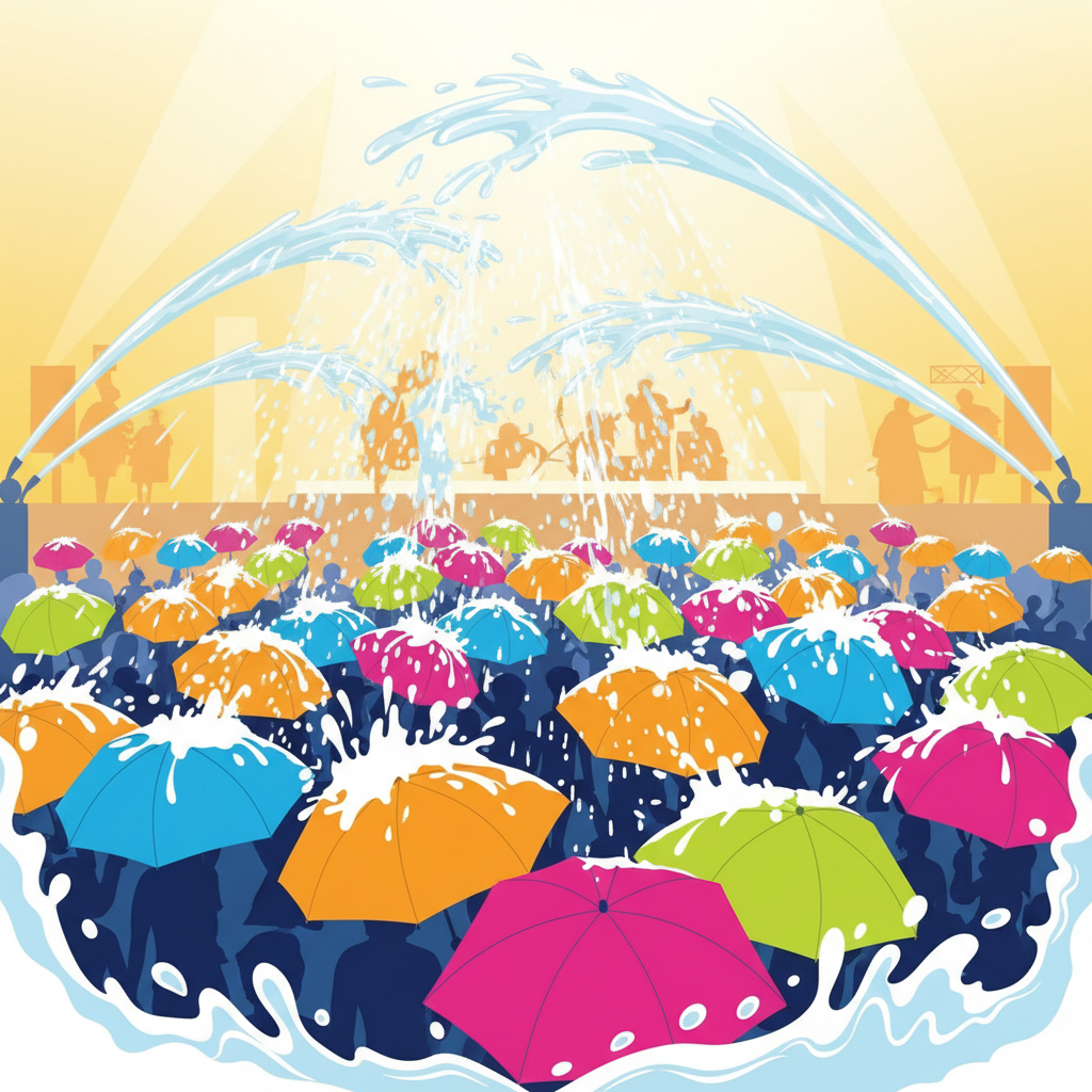 Energetic summer festival scene: water cannons spraying into crowd holding colorful umbrellas, splash effects, bright daylight, illustration style, vibrant colors, no facial details, silhouette and water spray focus