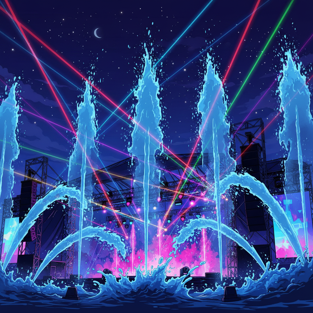 Summer night concert stage: powerful water cannons creating arcs and splashes, colorful laser lights, dark sky with stars, silhouette of stage equipment and water effects, illustration style, vibrant colors, no facial details