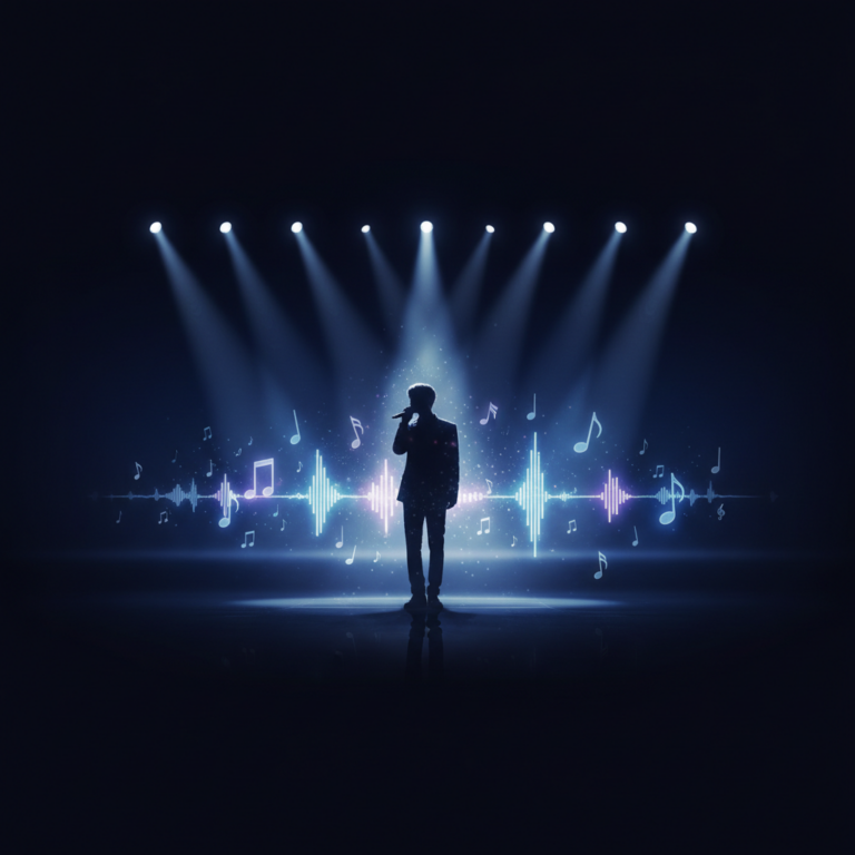 A silhouette of a person standing on a stage with a microphone, spotlights, and musical notes