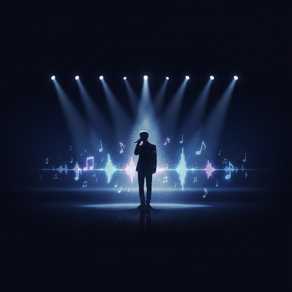 A silhouette of a person standing on a stage with a microphone, spotlights, and musical notes