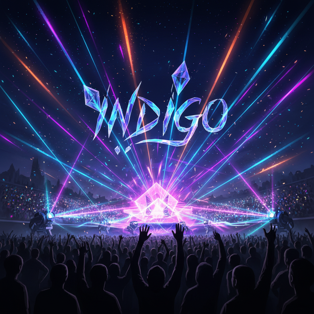 An illustration of a light show with vibrant colors, lasers, and abstract shapes forming the word 'Indigo' in the air