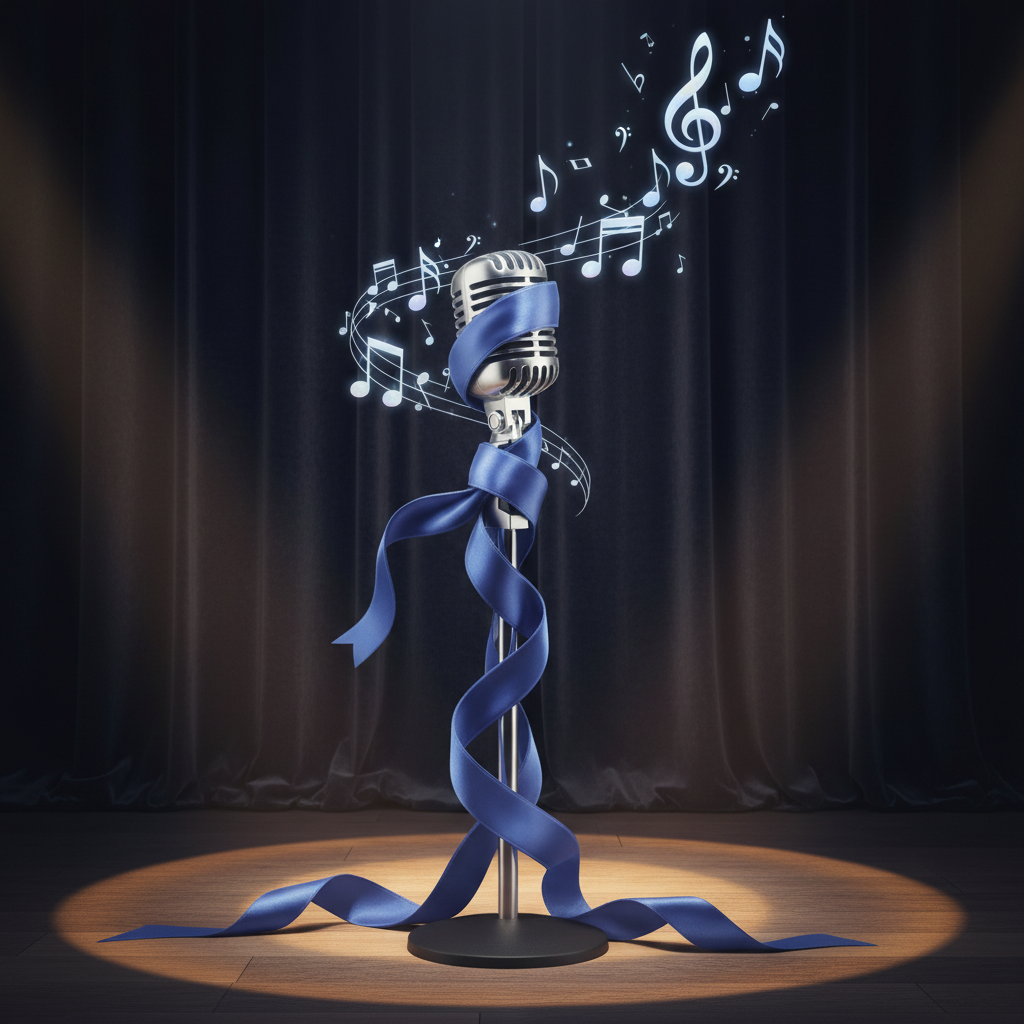 A symbolic image of a microphone wrapped in an indigo-colored ribbon, with musical notes floating around