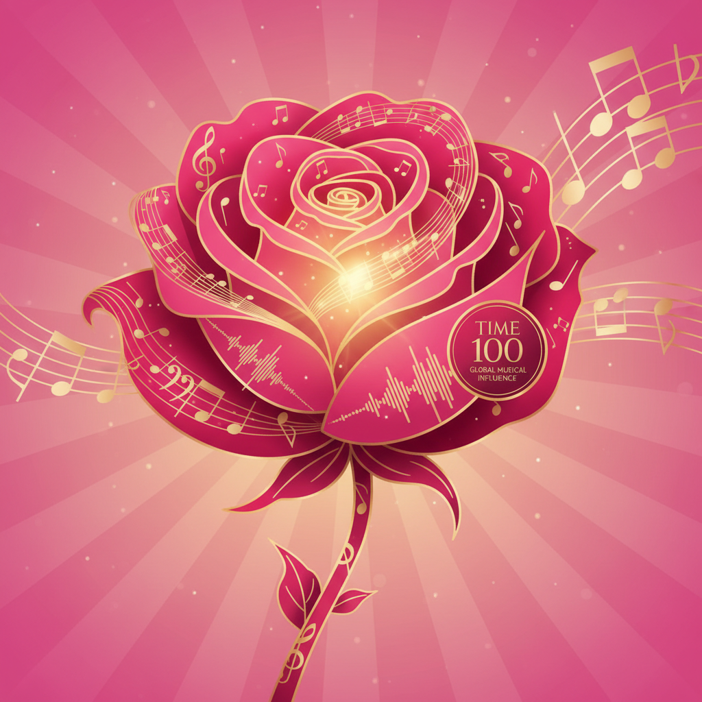 Stylized rose flower made of musical notes with TIME 100 badge