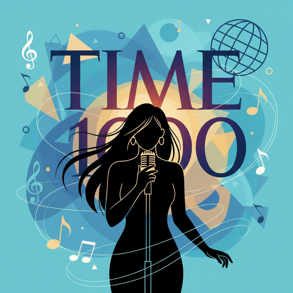 Silhouette of female musician with microphone, TIME 100 logo, musical notes and globe