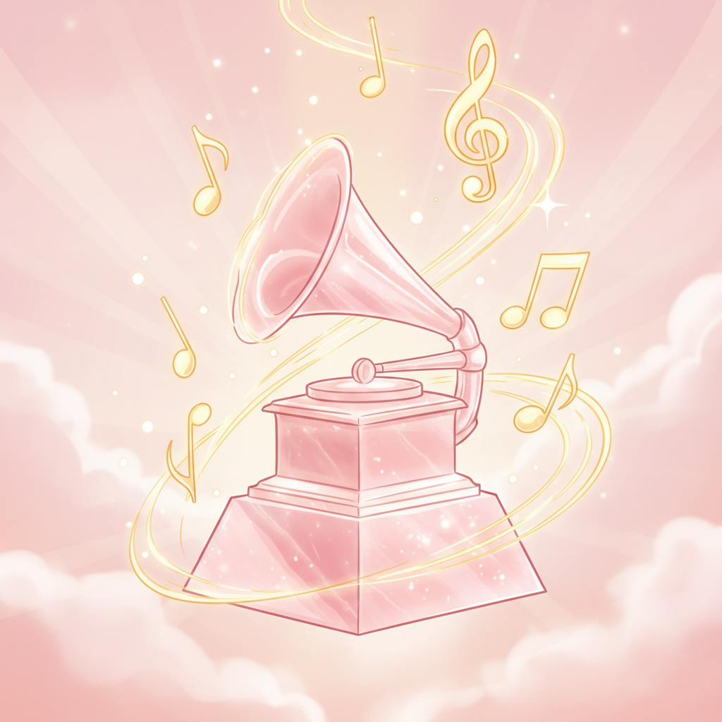 A stylized illustration of a Grammy trophy made of translucent rose quartz, surrounded by soft golden musical notes, vertical composition (3:4 aspect ratio), elegant and dreamy atmosphere