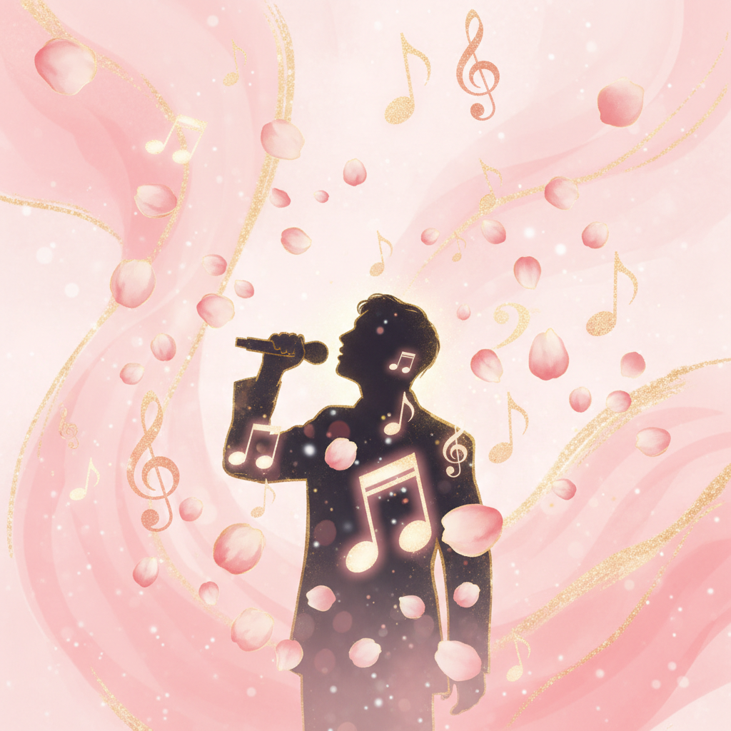 Silhouette of a performer with a microphone, surrounded by floating musical notes and rose petals, illustration style, soft pink and gold color palette, vertical composition (3:4 aspect ratio), no facial details, dreamy atmosphere