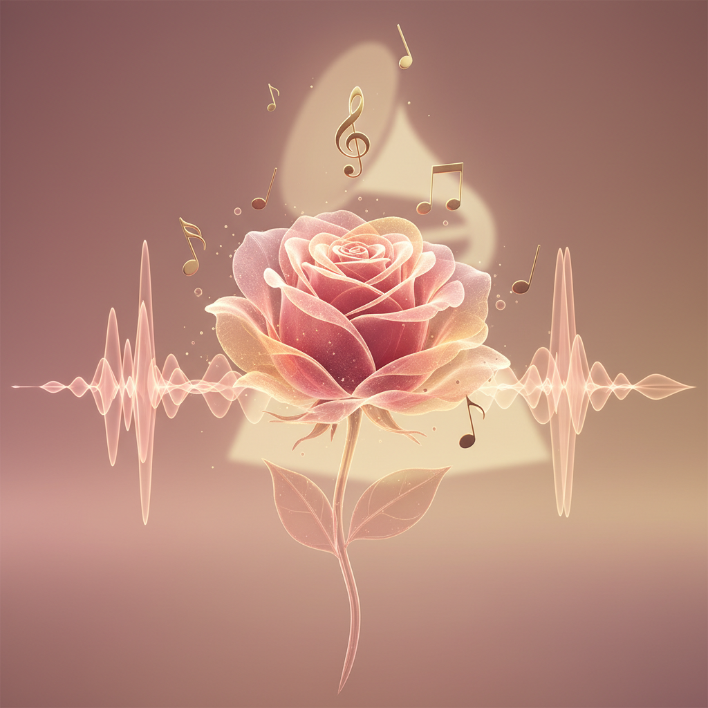 Abstract soundwave forming a rose shape, with golden musical notes and a faint Grammy trophy silhouette in the background, elegant pink and gold color palette, square composition (1:1 aspect ratio), no text