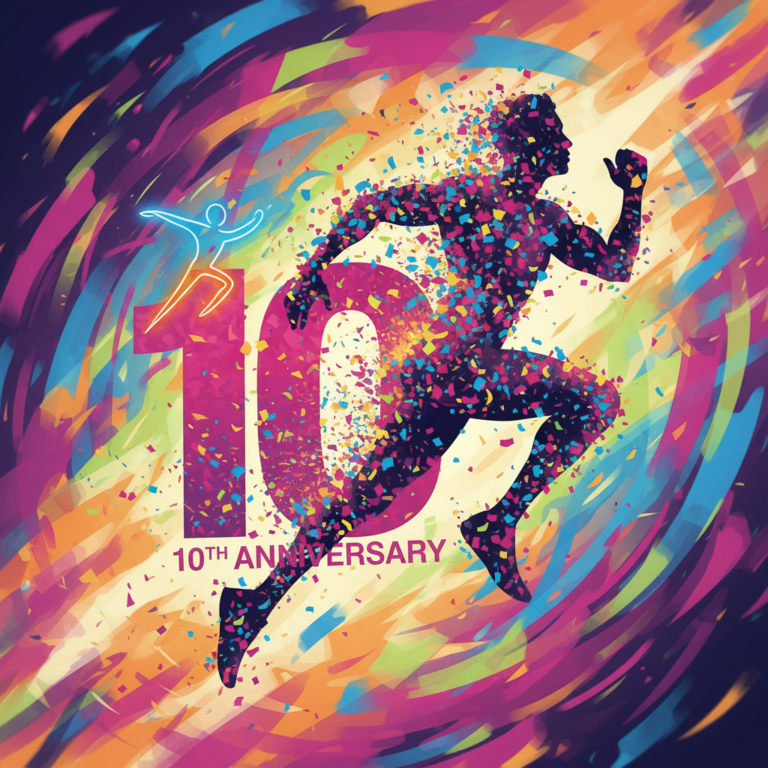 A dynamic silhouette of a person running with confetti and the number '10' in Running Man logo style, vibrant colors, illustration