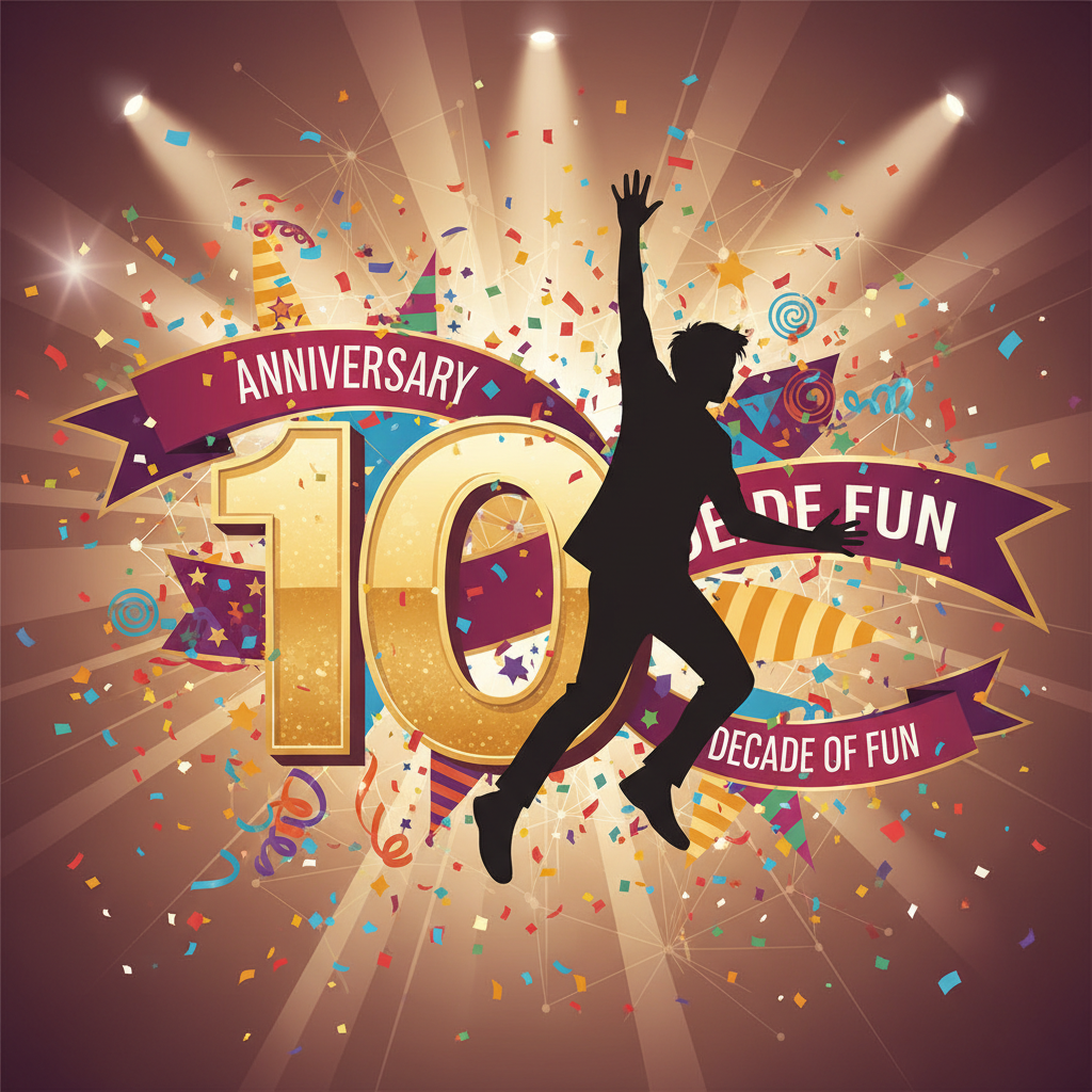 Celebration scene with Running Man style silhouette jumping, confetti falling, golden number '10' and anniversary banners, vibrant festive atmosphere, illustration, no facial features, horizontal composition