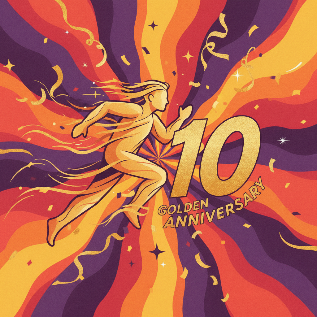 Running Man logo with golden anniversary decoration, confetti, number '10', celebratory atmosphere, illustration style, vibrant colors, no facial features, square composition