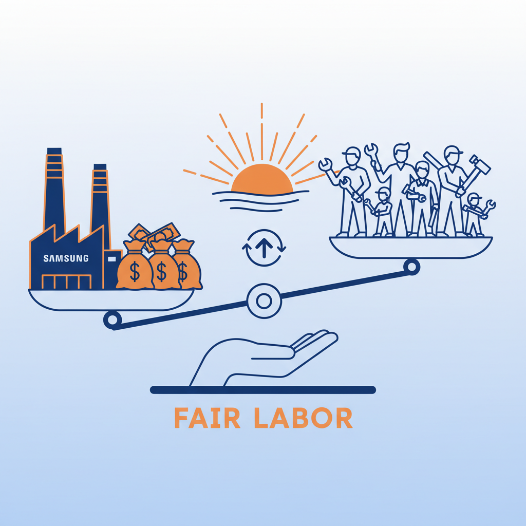 Silhouette of Samsung semiconductor factory with protest symbols and worker solidarity imagery