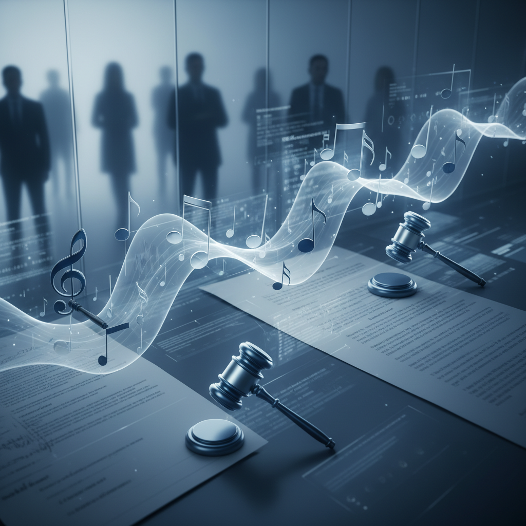 Abstract representation of sound waves and legal documents overlapping