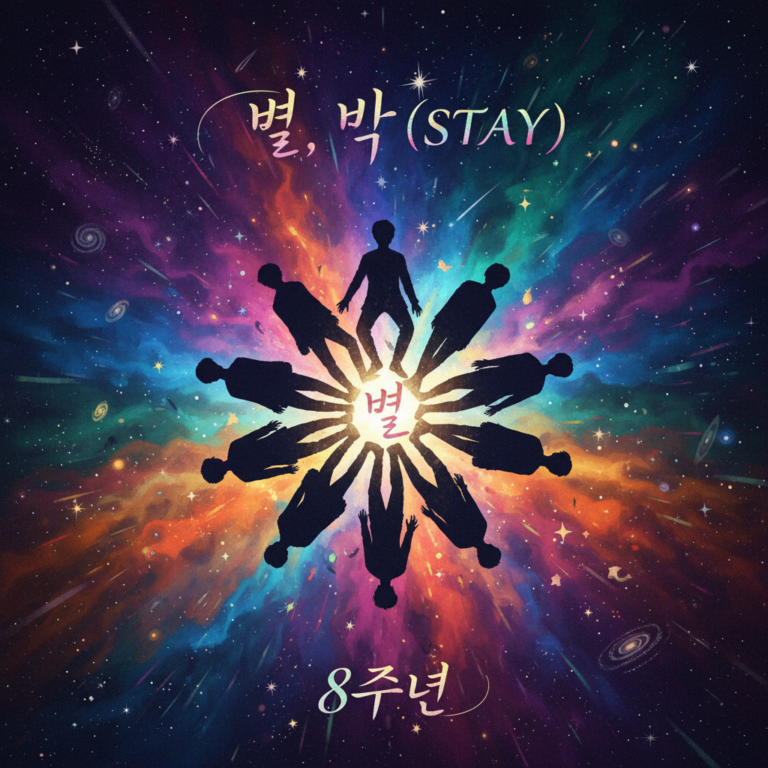 Silhouette of 8 figures forming a star shape against a night sky, representing Stray Kids 8th anniversary, with Korean text 별, 빛 (STAY) and 8주년 in elegant typography