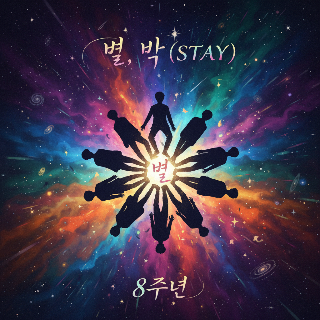 Silhouette of 8 figures forming a star shape against a night sky, representing Stray Kids 8th anniversary, with Korean text 별, 빛 (STAY) and 8주년 in elegant typography