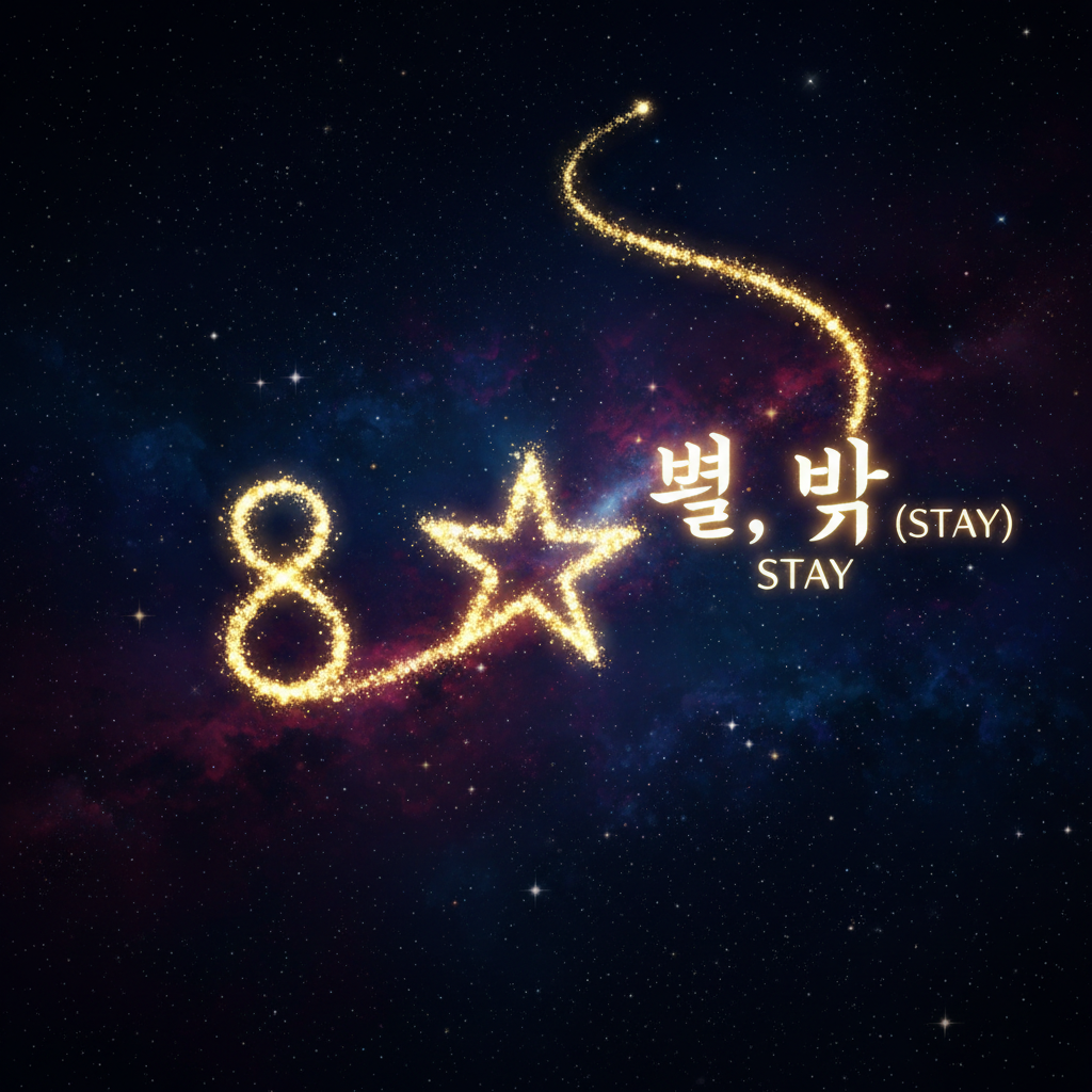A path of golden stardust forming the number 8 and a star shape, leading to a glowing Korean text 별, 빛 (STAY), night sky background