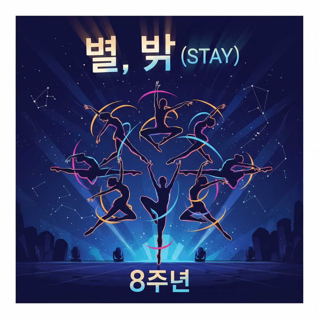 Eight silhouettes of performers in dynamic dance poses forming a star shape, with light trails and Korean text 별, 빛 (STAY) and 8주년 in glowing typography, night stage background