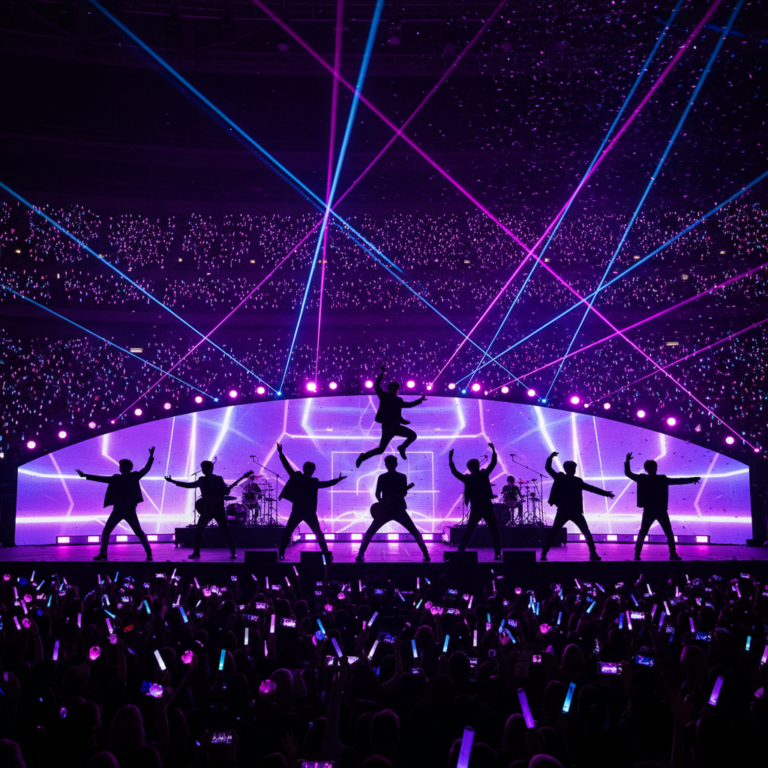 Silhouette of BTS performing Arirang on a grand stadium stage