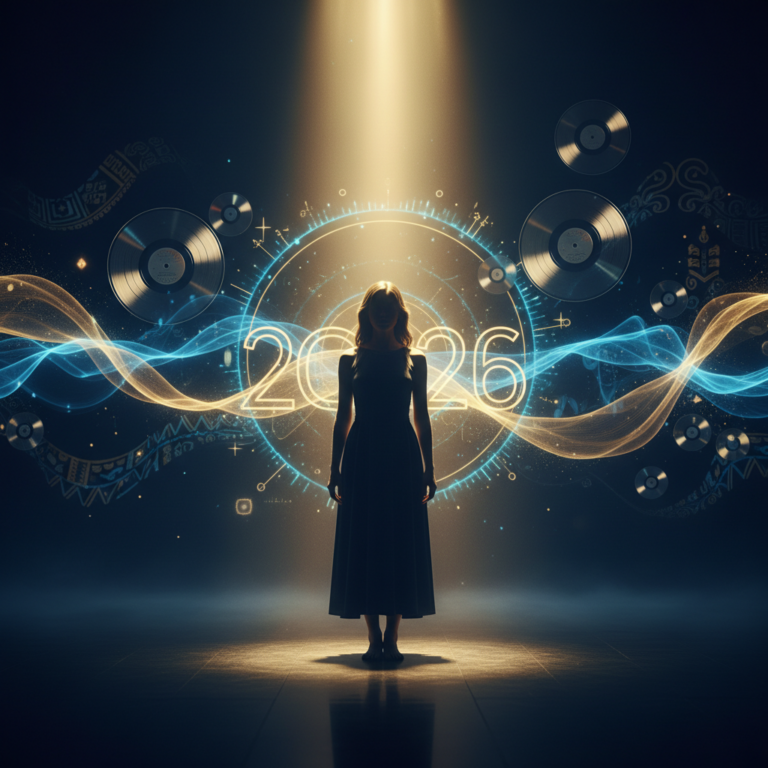 A faceless performer silhouette on a stage bathed in golden light, surrounded by floating musical and cultural elements, representing a highly anticipated 2026 K-culture comeback.