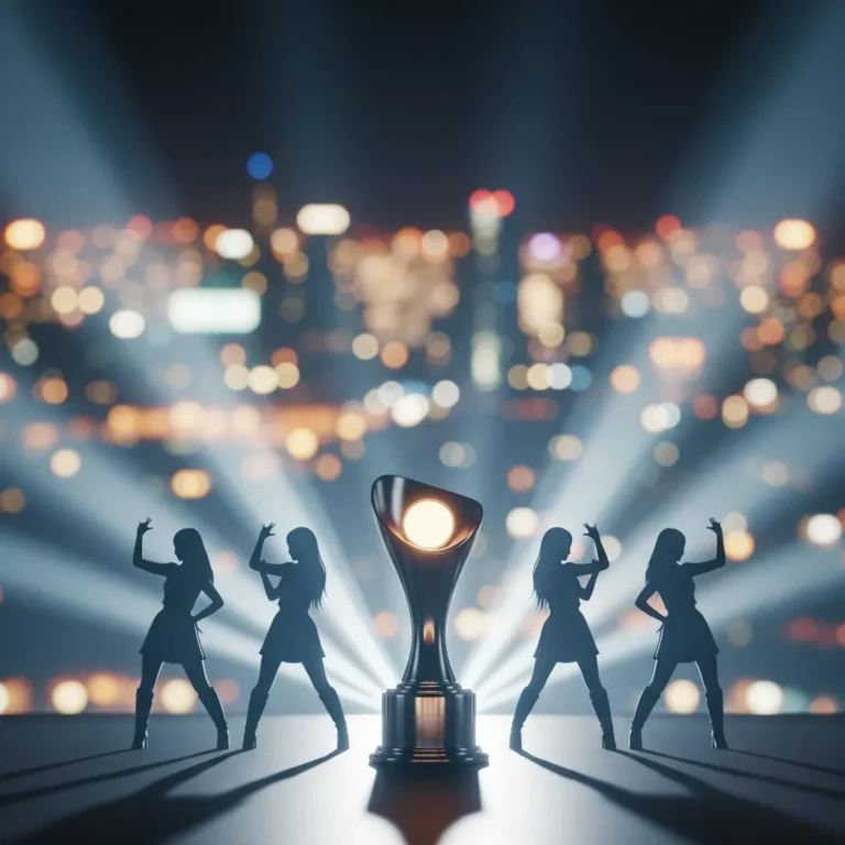 Silhouette of a stage with a glowing award trophy representing aespa's nomination at the 2024 American Music Awards