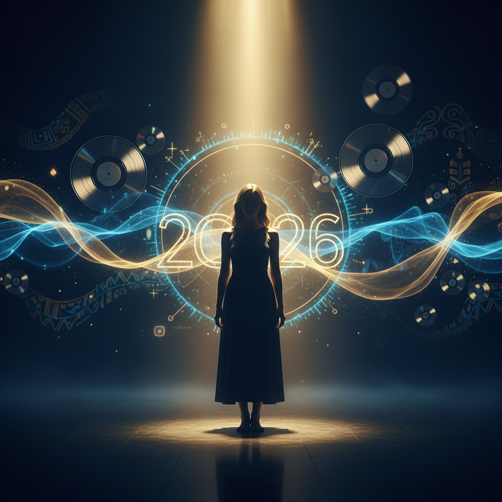 A faceless performer silhouette on a stage bathed in golden light, surrounded by floating musical and cultural elements, representing a highly anticipated 2026 K-culture comeback.