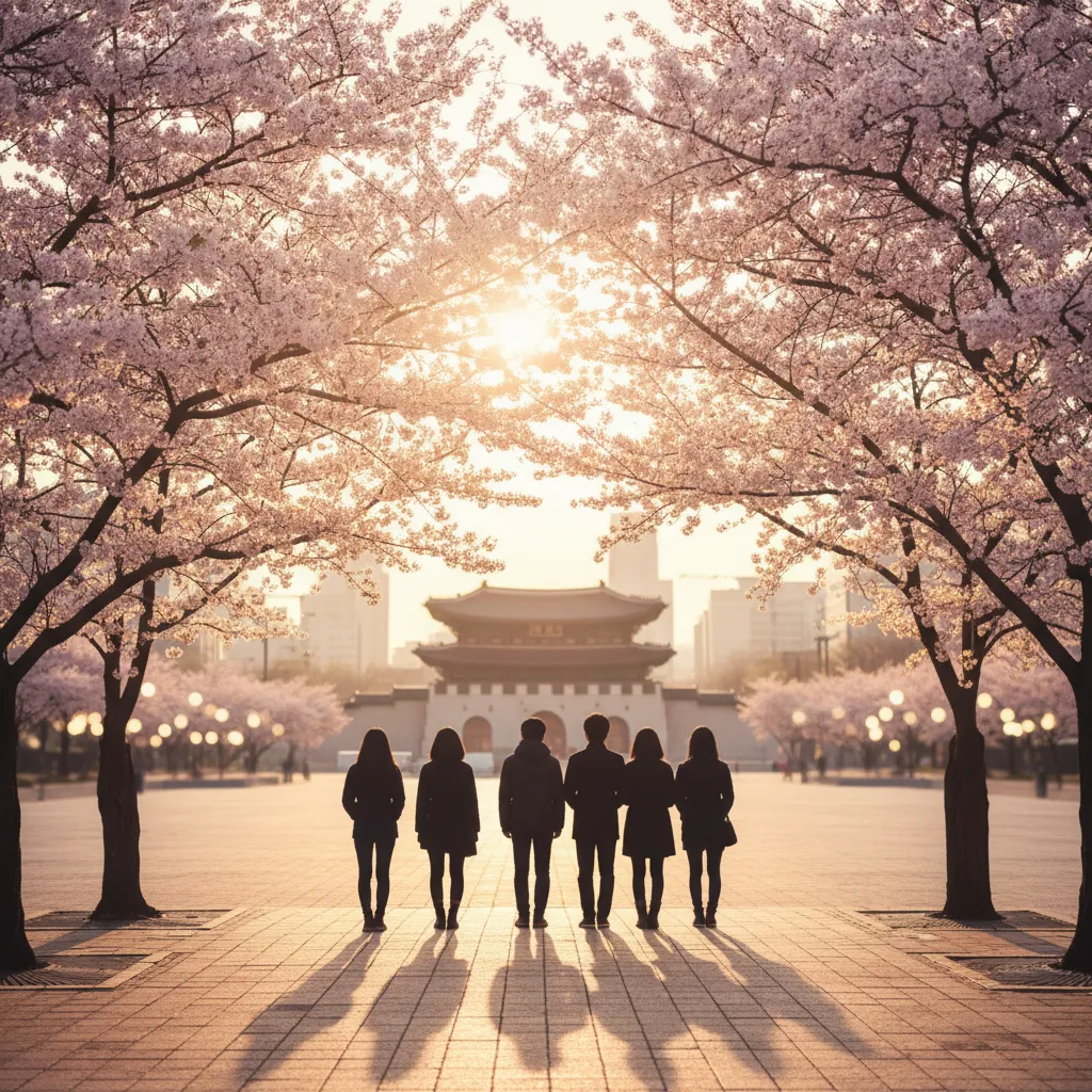 Overview of BTS Spring Album 2026 concept: springtime Gwanghwamun Square with a group silhouette and cherry blossoms