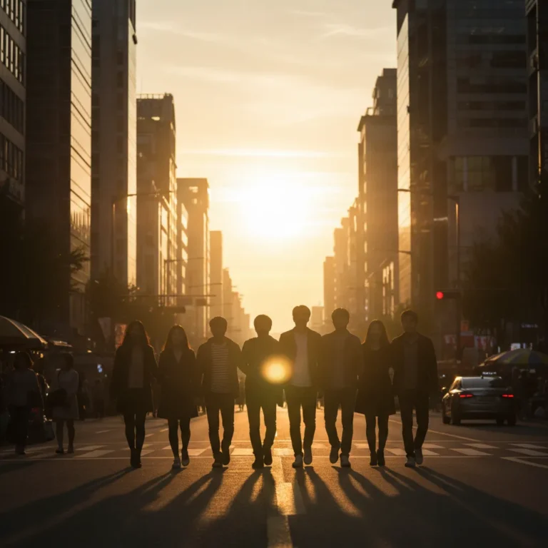 Silhouette of a group of seven friends walking on a Seoul street at sunset, representing the Run BTS record episode