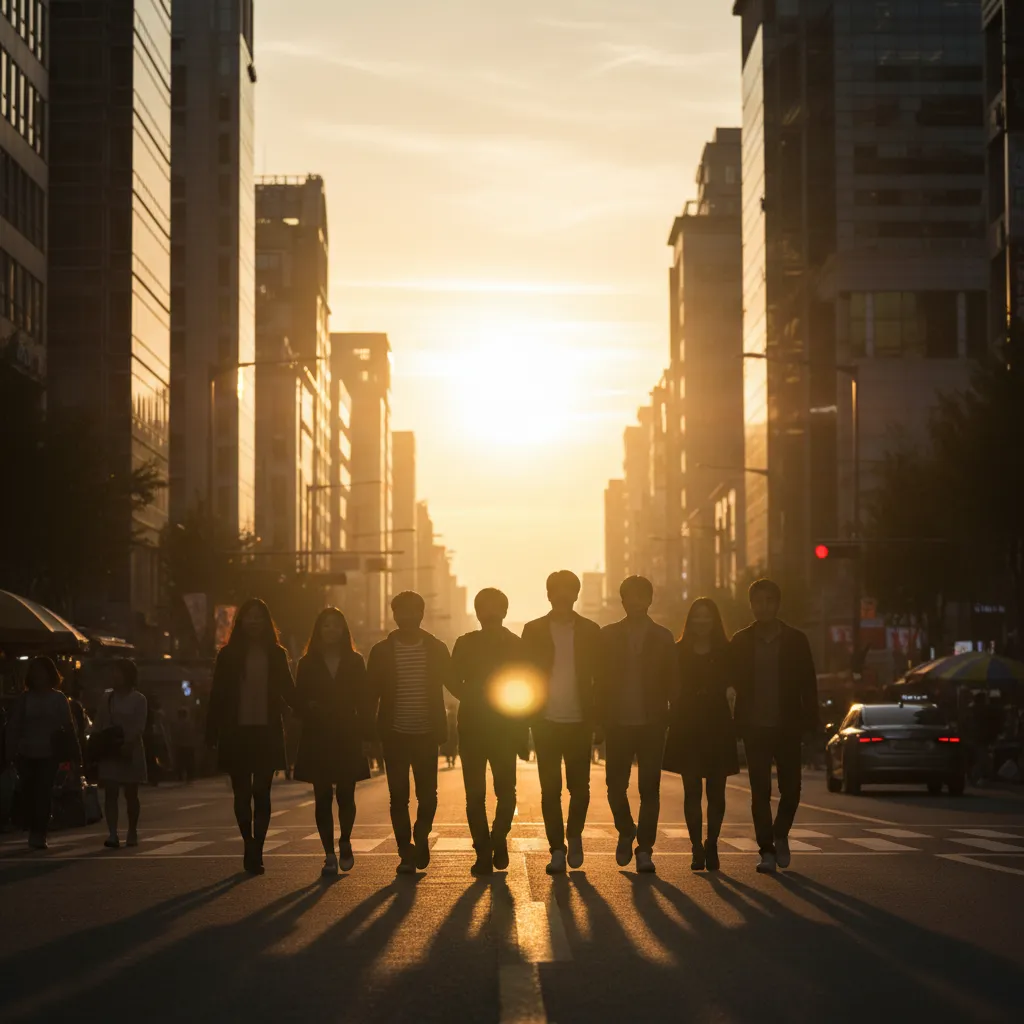Silhouette of a group of seven friends walking on a Seoul street at sunset, representing the Run BTS record episode