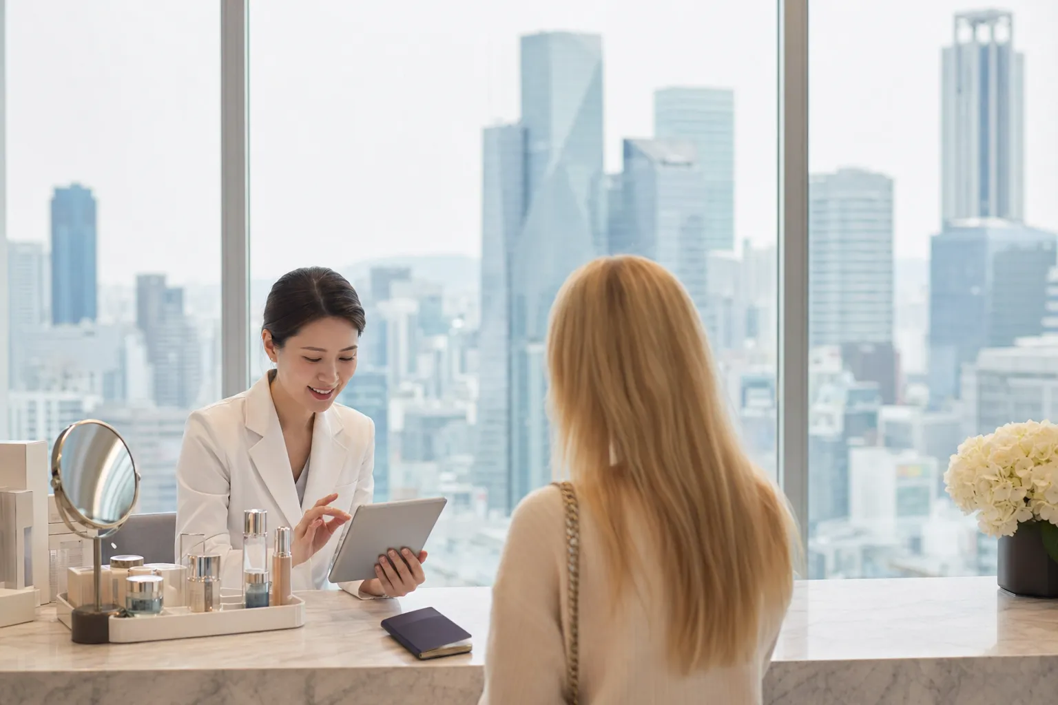 Anonymous visitor at a modern Seoul dermatology clinic with skincare products and travel items.