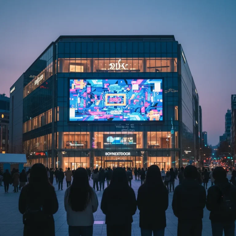 Overview of Shinsegae Square with LED screen showing abstract Sibo video visuals and fan silhouettes