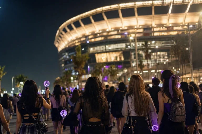 Fans with purple light sticks gather outside a Tampa stadium before a K-pop concert.