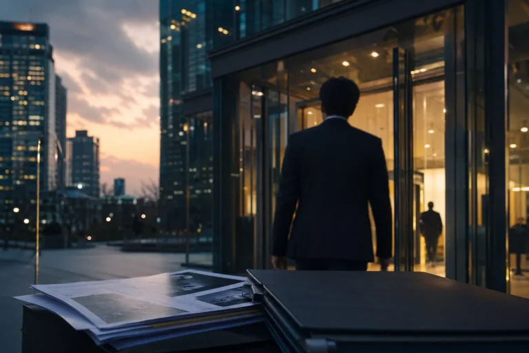 Anonymous entertainment executive entering a Seoul corporate building amid a legal investigation atmosphere.