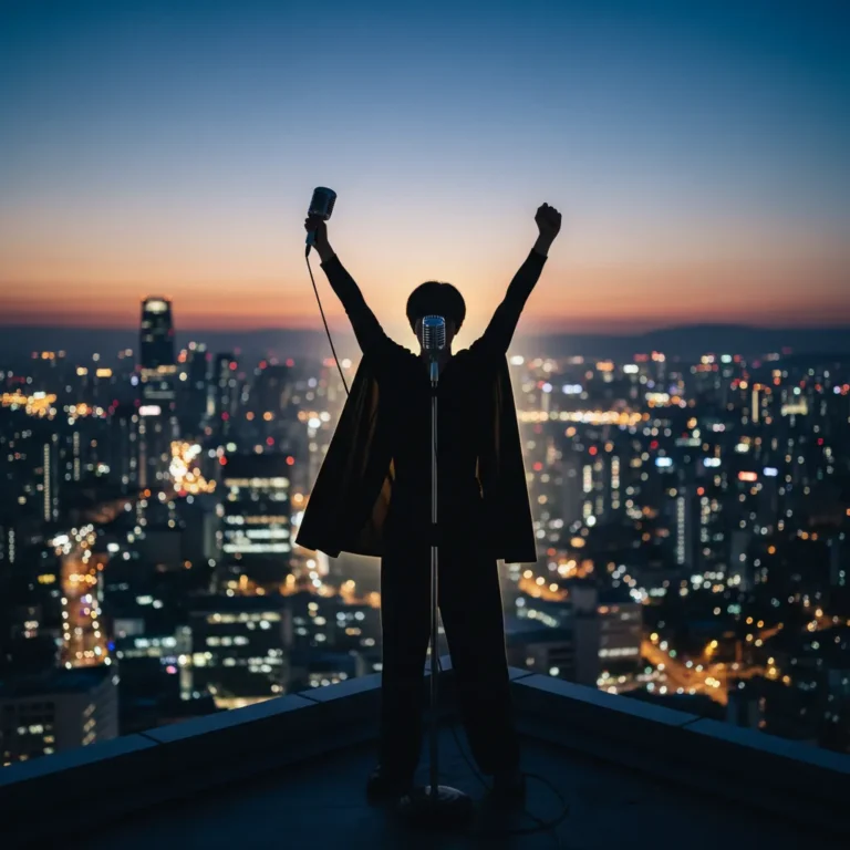 Silhouette of a figure with arms raised holding a microphone against a twilight Seoul skyline