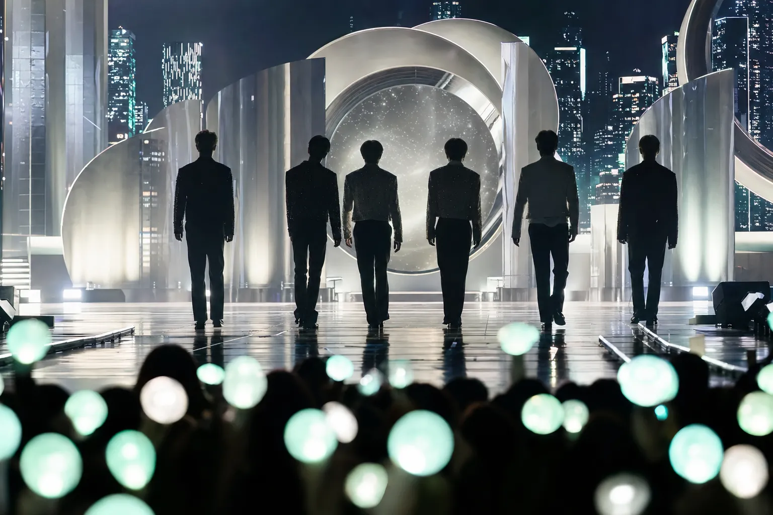 Silhouetted K-pop performers on a Seoul concert stage representing NCT WISH's Ode to Love comeback.