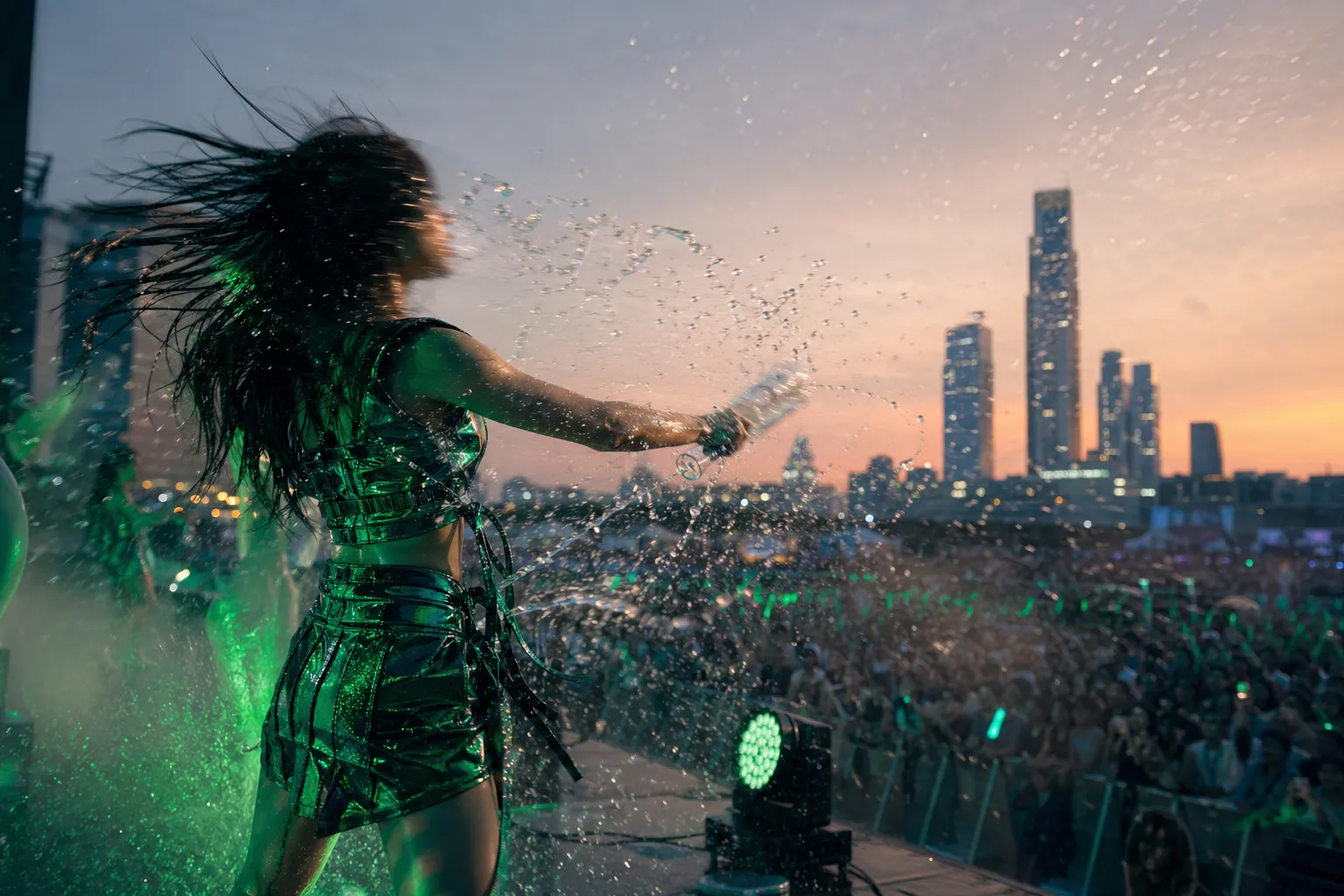 Cinematic Seoul water festival stage with a K-pop performer in green team styling amid water splashes and crowd silhouettes.