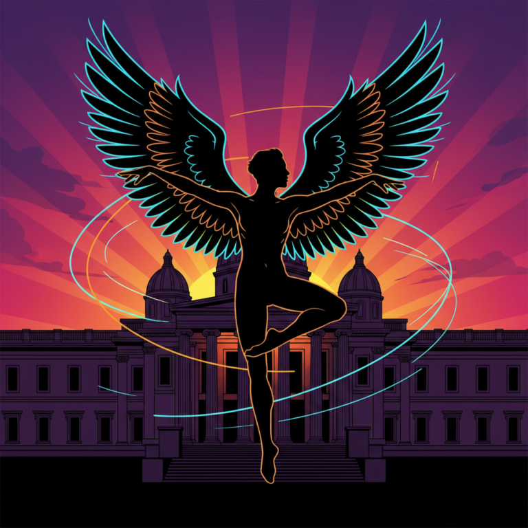 Thumbnail showing a faceless dancer silhouette with angel wings over a museum building