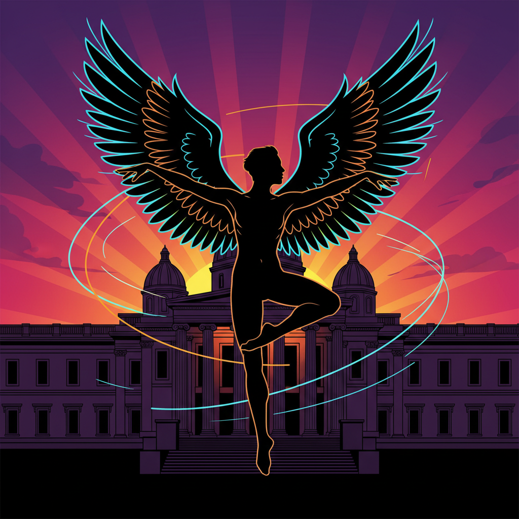 Thumbnail showing a faceless dancer silhouette with angel wings over a museum building