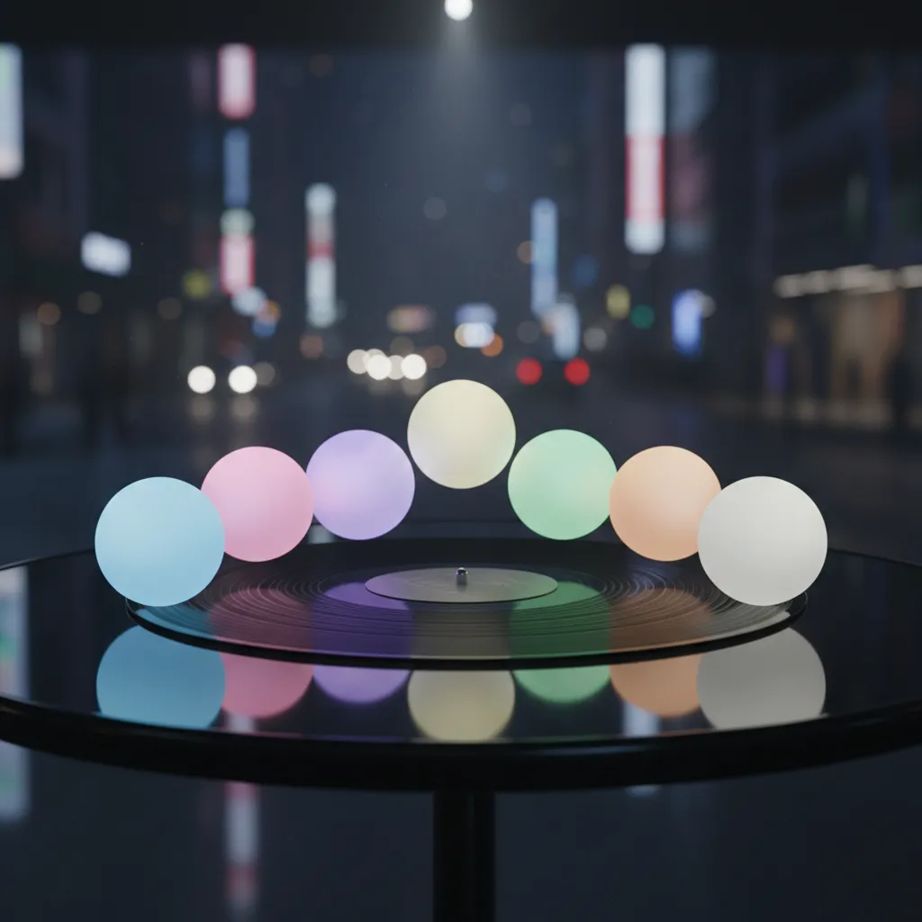Seven glowing orbs above a vinyl record symbolizing TXT's seventh year comeback