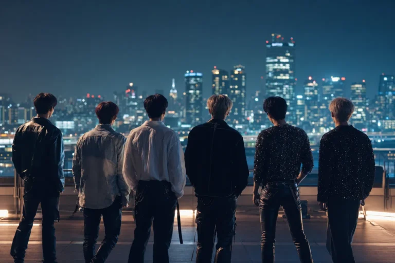 RIIZE June comeback concept with K-pop silhouettes against a cinematic Seoul night backdrop