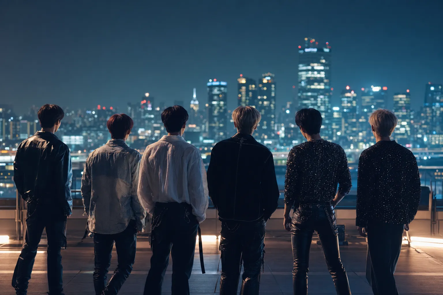 RIIZE June comeback concept with K-pop silhouettes against a cinematic Seoul night backdrop