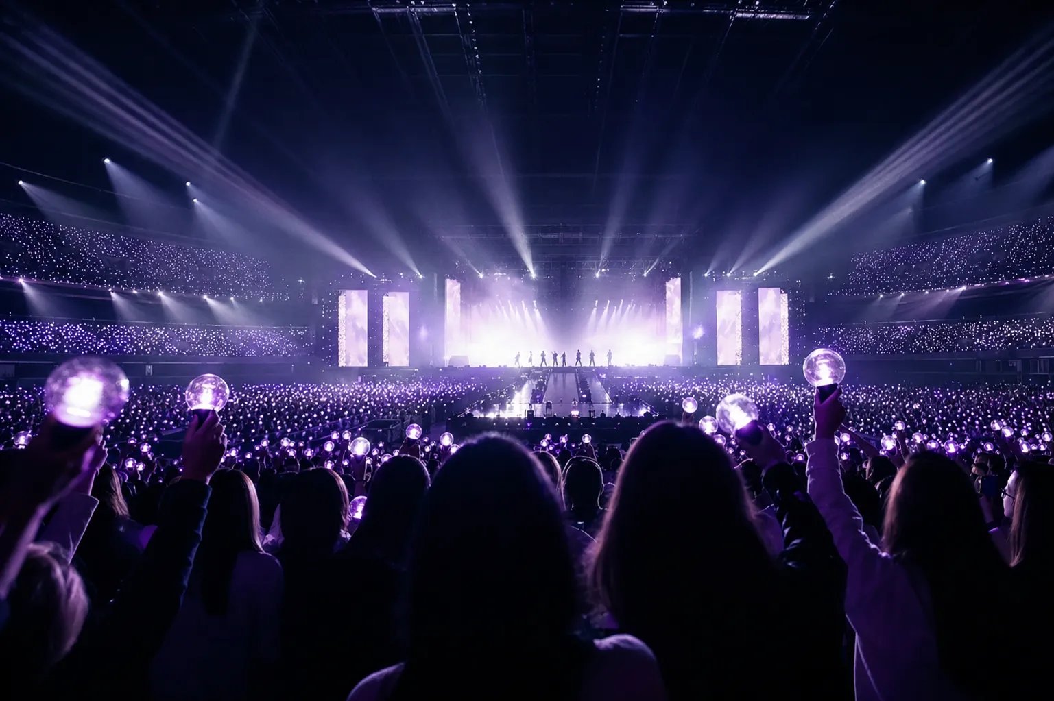 A packed K-pop stadium concert with glowing light sticks and silhouetted performers on stage.