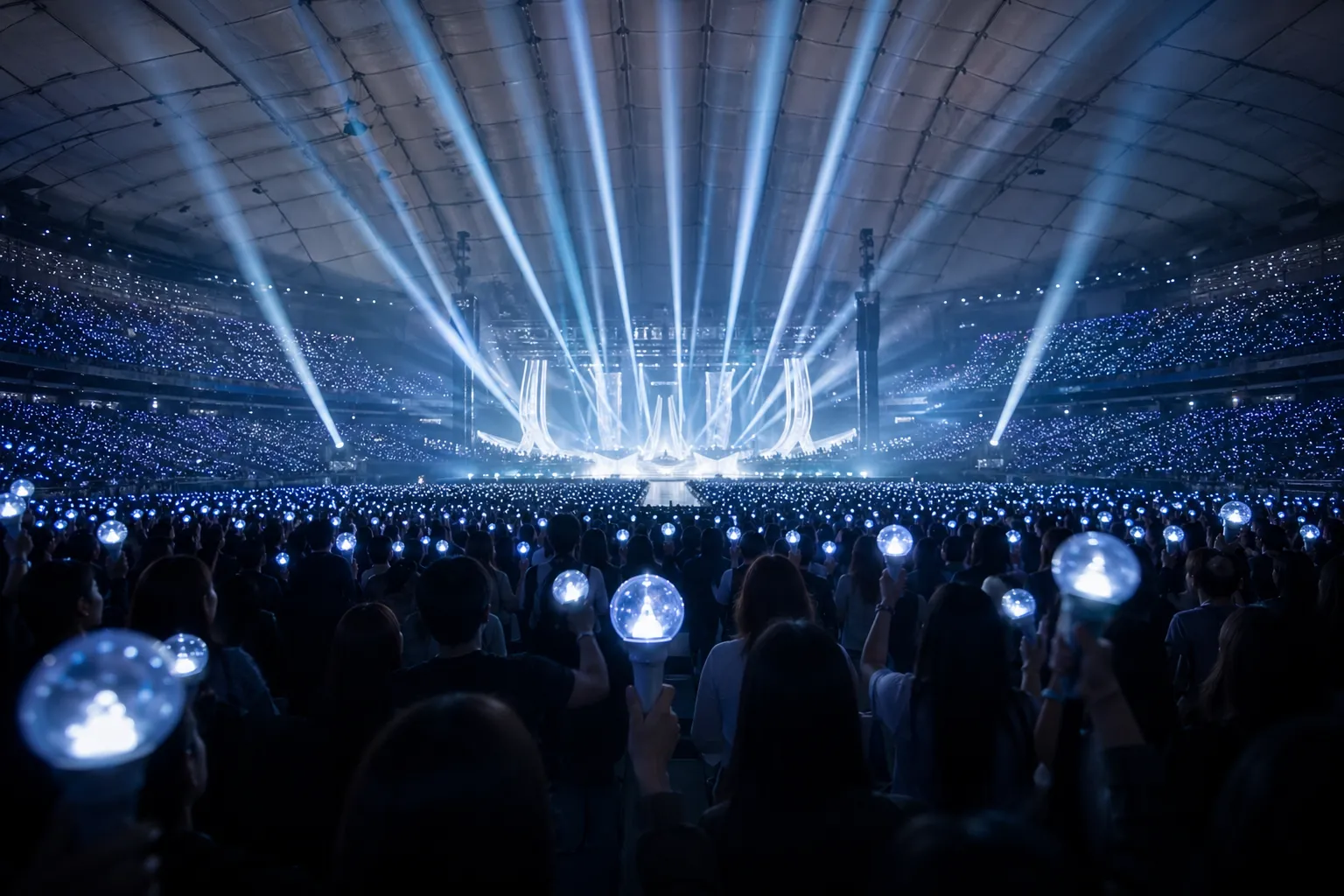 A cinematic dome concert scene with glowing fanlights and dramatic blue stage lighting.