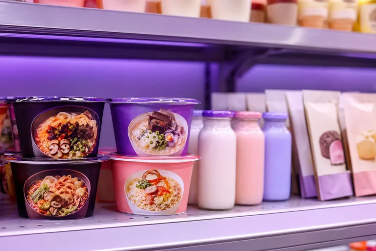 Korean fusion noodles and drinks displayed on a modern U.S. grocery shelf with K-culture styling.